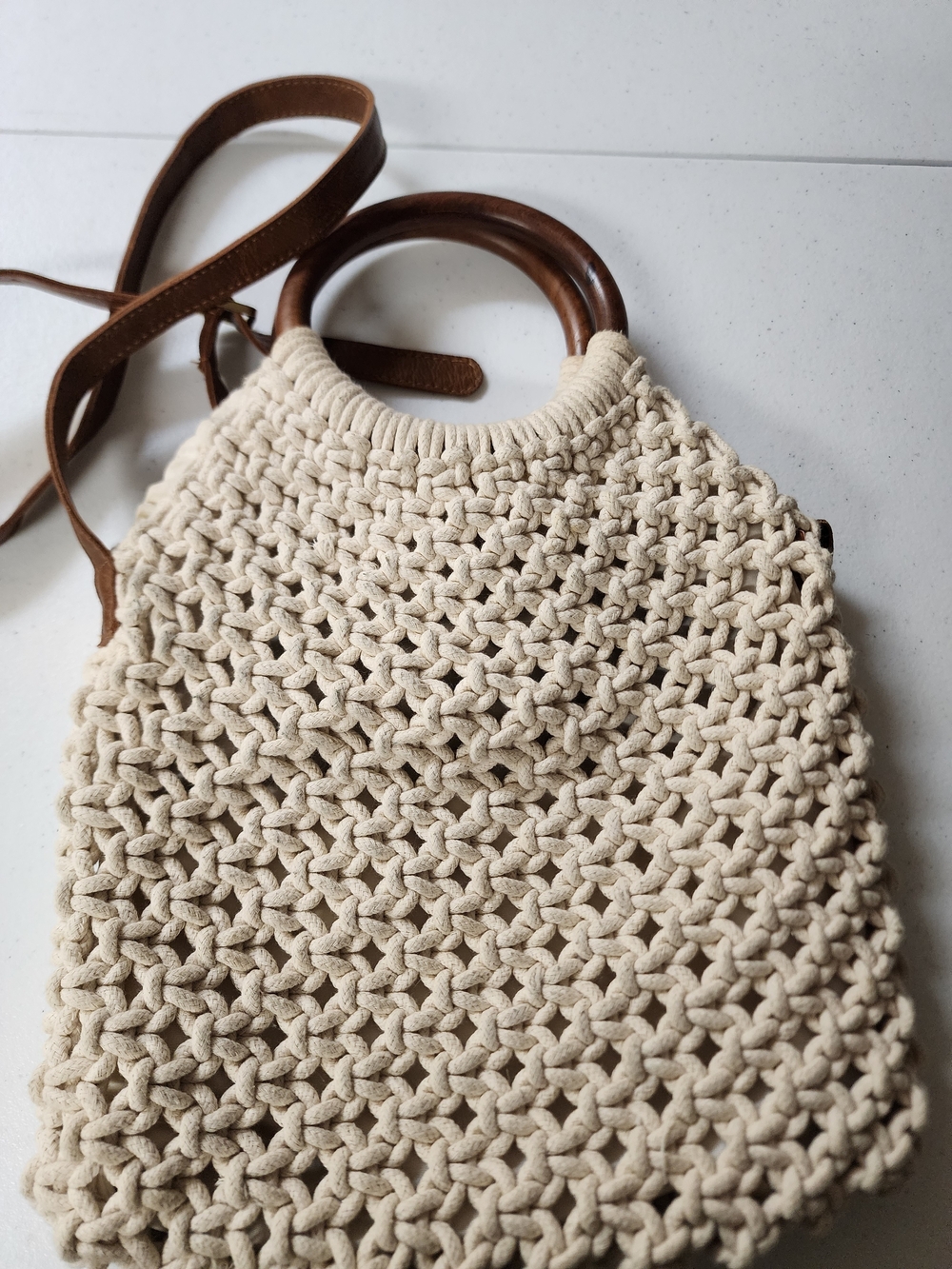 Sigrid Olsen Handwoven Cream Crochet Tote with Brown Handles Crossbody